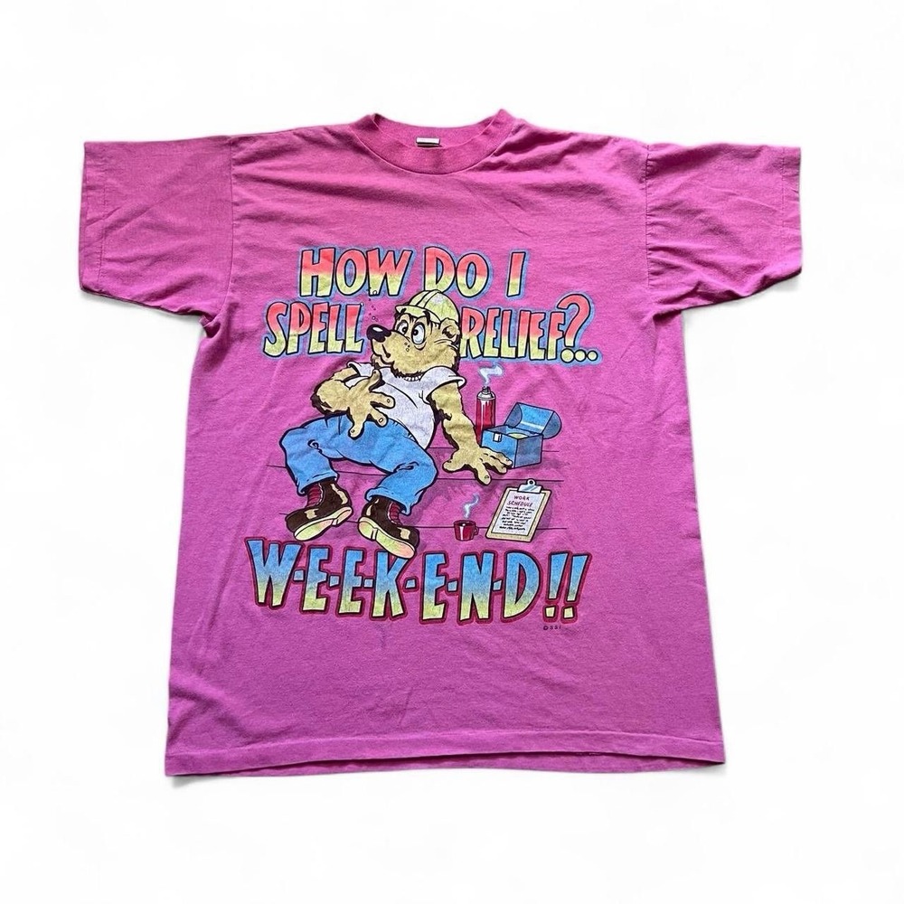 Vintage Cartoon Graphic Tee 'Weekend' Slogan SSI Tag Single Stitch 90s Funny